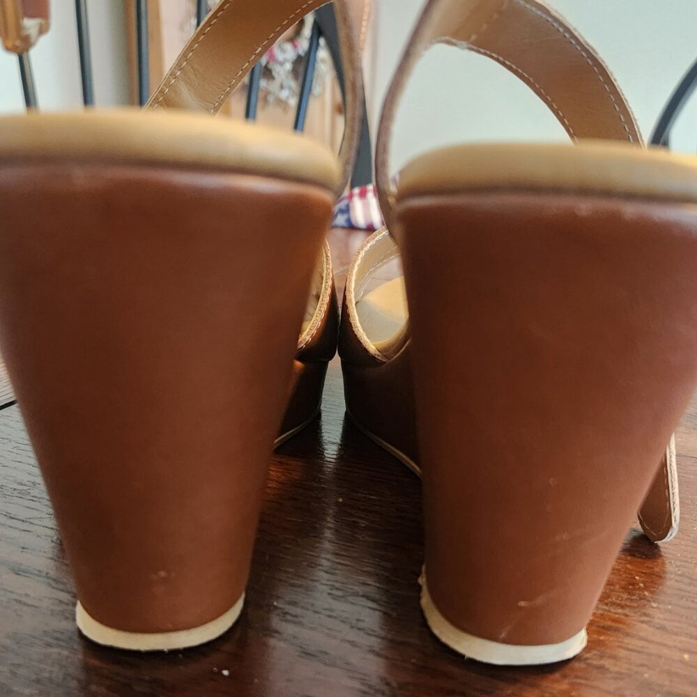Garnet Hill Italian Leather Caramel Color Wedge Sandals - Picture 6 of 9